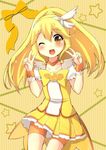  bad_id bad_pixiv_id blonde_hair bow choker cure_peace double_v hair_flaps hair_ornament highres kise_yayoi long_hair magical_girl one_eye_closed open_mouth orange_choker orange_shorts oruto_(ort+) precure shorts shorts_under_skirt skirt smile_precure! solo v wide_ponytail wrist_cuffs yellow yellow_background yellow_bow yellow_eyes yellow_skirt 