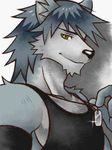  biceps black_nose canine clothing dog dog_tags fur grey_fur grey_hair hair holding husky kouya kouya_aotsuki looking_at_viewer male mammal morenatsu muscles pecs shirako shirt solo tank_top unknown_artist yellow_eyes 