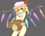  bad_id bad_pixiv_id blonde_hair crossed_arms doll_hug flandre_scarlet grey_background hat hat_ribbon headless nude pointy_ears red_eyes ribbon side_ponytail simple_background solo stuffed_animal stuffed_toy taka_(taka1234) teddy_bear touhou wings 