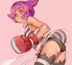  3838383 :&lt; ass bare_shoulders black_legwear black_panties bob_cut boxing_gloves character_request copyright_request dress looking_at_viewer panties pantyshot pink_background purple_eyes purple_hair short_hair simple_background sleeveless solo striped striped_dress tan thighhighs underwear 
