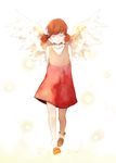  angel_wings arms_behind_back child closed_eyes doujima_nanako dress full_body hair_ribbon lens_flare light_particles persona persona_4 ribbon short_hair short_twintails simple_background socks solo striped striped_dress twintails walking white_background wings yuzuaki 