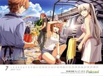  3boys 4girls alternate_hairstyle blue_hair brown_hair calendar_(medium) car cloud company_name copyright_name day eiyuu_densetsu elie_macdowell enami_katsumi food fruit gloves green_eyes green_hair ground_vehicle highres hose july kea_(eiyuu_densetsu) kneeling light_blue_hair lloyd_bannings long_hair motor_vehicle multiple_boys multiple_girls noel_seeker official_art ponytail rainbow randy_orlando red_hair sergei_lou shoes shorts skirt sky smile tio_plato twintails wallpaper watermelon white_hair wrench zero_no_kiseki 