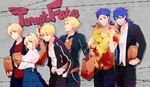  5boys archer_(fate/prototype) arthur_pendragon_(fate) artoria_pendragon_(all) bad_id bad_pixiv_id bag blonde_hair blue_eyes blue_hair casual cu_chulainn_(fate/prototype) dual_persona fate/hollow_ataraxia fate/prototype fate/stay_night fate_(series) food french_fries gakuran gilgamesh hamburger hawaiian_shirt lancer multiple_boys narukita ponytail red_eyes saber school_uniform shirt soda 