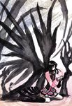  armor black_hair black_wings darkness highres kneeling oichi_(sengoku_basara) rei_crux sengoku_basara shadow solo traditional_media watercolor_(medium) wings 