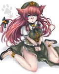  animal_ears ankle_cuffs bandaid bandaid_on_nose bdsm blue_eyes bondage bound bound_wrists bow braid breasts cat_ears cat_tail hair_bow hat hong_meiling kemonomimi_mode long_hair medium_breasts open_mouth panzer red_hair sitting solo star tail touhou twin_braids wariza 