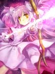  aiming arrow bow bow_(weapon) cleavage_cutout dress edobox gloves hair_bow kaname_madoka long_hair magical_girl mahou_shoujo_madoka_magica pink_hair solo spoilers two_side_up ultimate_madoka weapon white_dress white_gloves yellow_eyes 