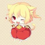  :3 animal_ears arms_up ascot bad_id bad_pixiv_id blonde_hair blush cat_ears cat_tail chibi fang flandre_scarlet fuyu-nagi heart kemonomimi_mode no_hat no_headwear one_eye_closed open_mouth red_eyes shirt short_hair side_ponytail skirt skirt_set smile solo tail touhou wings 
