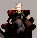  aiguillette alternate_eye_color animal armchair axis_powers_hetalia badge bird black_gloves boots chair chick crossed_legs cushion gloves grey_background iron_cross male_focus military military_uniform pants pillow prussia_(hetalia) purple_eyes red_eyes silver_hair simple_background sitting smile smug solo tktk_k uniform whip 
