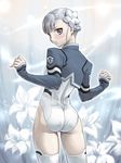  ass blue_hair blush fin_e_ld_si_laffinty flower hair_flower hair_ornament leotard looking_back purple_eyes rinne_no_lagrange short_hair solo thighhighs white_legwear you2 