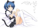  animal_ears ano_natsu_de_matteru apron aqua_eyes ass blue_hair cat_ears cat_tail frills kneehighs long_legs maid masakichi_(crossroad) miniskirt no_shoes paw_pose pose short_hair simple_background sitting skirt solo tail tanigawa_kanna upskirt 