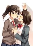  blazer blush bow brown_eyes brown_hair cardigan dress_shirt eye_contact hachiko_(hati12) holding_hands jacket looking_at_another multiple_girls necktie open_mouth original ponytail school_uniform shirt short_hair skirt smile sweater 