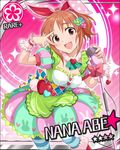  abe_nana animal_ears artist_request blush bunny card_(medium) character_name colorful flower_(symbol) hair_ornament heart idolmaster idolmaster_cinderella_girls jpeg_artifacts microphone_stand official_art pantyhose ribbon short_hair smile solo star striped striped_legwear v 