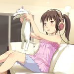  bangs bare_arms bare_shoulders bloomers blue_bloomers blush brown_eyes brown_hair cable cat commentary_request couch headphones holding indoors lamp long_hair looking_away meow_(nekodenki) open_mouth original ponytail sitting sleeveless sliding_doors smile solo underwear white_cat 