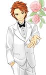  blue_eyes brief_(psg) flower formal freckles hand_in_pocket looking_at_viewer male_focus orange_hair outstretched_hand panty_&amp;_stocking_with_garterbelt pink_flower pink_rose ribonchan rose solo suit white_background 