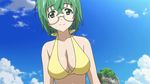  1girl animated animated_gif beach bikini bouncing_breasts breasts cloud glasses green_eyes green_hair hanging_breasts huge_breasts infinite_stratos large_breasts leaning_forward navel short_hair swimsuit water yamada_maya_(infinite_stratos) yellow_bikini 