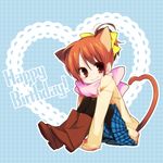  animal_ears boots brown_eyes brown_hair cat_ears happy_birthday hirasawa_ui k-on! pantyhose pink_scarf plaid plaid_skirt ponytail scarf short_hair skirt solo tail ume_(pickled_plum) 