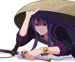 basket black_eyes black_hair bracelet expressionless hiding jewelry long_hair male_focus ouri solo sword tales_of_(series) tales_of_vesperia weapon white_background yuri_lowell 