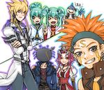  3boys bad_id bad_pixiv_id belt blonde_hair brown_eyes card choker corset crab crossed_arms crow_hogan earrings fudou_yuusei green_hair grey_eyes grin headband izayoi_aki jack_atlas jewelry kurosawa_tomo long_hair lua luca_(yuu-gi-ou) multiple_boys multiple_girls necklace neo-spacian_aqua_dolphin orange_hair personification ponytail purple_eyes red_hair smile tattoo v waving yellow_eyes yuu-gi-ou yuu-gi-ou_5d's 