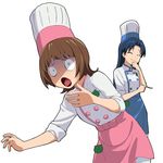  :o a1 amami_haruka apron blue_hair brown_hair chef_hat closed_eyes constricted_pupils giggling hat holding holding_spoon idolmaster idolmaster_(classic) kisaragi_chihaya long_hair multiple_girls open_mouth seiyuu_connection short_hair simple_background sleeves_pushed_up spicy spoon toque_blanche turn_pale wide-eyed 