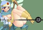  artist_name blue_hair blush boots breasts cane cape circlet cover cover_page dragon_quest dragon_quest_iii elbow_gloves gloves green_background kajiyama_hiroshi legs_folded medium_breasts nipples nude red_eyes sage_(dq3) simple_background solo yellow_footwear yellow_gloves 