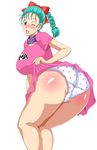  0byte ass blue_eyes blush braid breasts bulma dragon_ball dragonball green_hair hair_ornament huge_ass large_breasts long_hair open_mouth panties polka_dot polka_dot_panties skirt skirt_lift smile solo tongue underwear wink zero_byte 