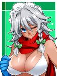  bikini_top blue_eyes bow braid breasts cleavage dark_skin gloves hair_bow izayoi_sakuya large_breasts maid_headdress one_eye_closed red_scarf scarf short_hair silver_hair smile solo tajima_yuuki tan tanline touhou twin_braids upper_body 