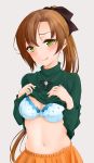  1girl :p akigumo_(kantai_collection) bangs black_bow bow bra breasts brown_hair cleavage clothes_lift eyebrows_visible_through_hair green_eyes green_sweater grey_background hair_bow hands_on_own_chest head_tilt highres kantai_collection lifted_by_self long_hair long_sleeves looking_at_viewer medium_breasts mole mole_under_eye navel orange_skirt parted_bangs ponytail simple_background skirt smile solo stomach sweat sweater sweater_lift tongue tongue_out umino_haruka_(harukaumino6) underwear upper_body white_bra 