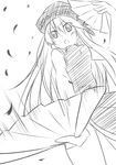  alternate_costume china_dress chinese_clothes dress dual_wielding fan greyscale hat holding lily_black lily_white long_hair monochrome solo touhou yutamaro 