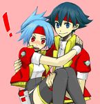  ! blue_eyes blue_hair blush carrying hinata_(pokemon) holding kazuki_(pokemon) looking_at_viewer lowres pokemon pokemon_ranger red_eyes smile 