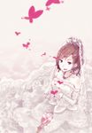  bare_shoulders blush bridal_veil brown_hair dress elbow_gloves gloves hair_ornament hands_together heart hrd original own_hands_together short_hair smile solo veil wedding_dress 