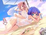  ano_natsu_de_matteru arm_up beach bikini blue_bikini blue_eyes blue_hair blue_sky blush breasts brown_eyes brown_hair can chopsticks cloud day hair_ribbon hand_in_hair highres kitahara_mio long_hair long_legs lying multiple_girls natsumiya_yuzu navel nipples obentou ocean old_school_swimsuit on_side one-piece_swimsuit open_mouth outdoors parasol plate purple_eyes ribbon school_swimsuit see-through short_hair sitting sky small_breasts smile soda_can swimsuit tanigawa_kanna twintails umbrella water white_school_swimsuit white_swimsuit yamano_remon 