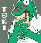  burrito cel_shading clothing ears eating fangs green green_body humor leelee lizard looking_at_viewer male open_mouth plain_background reptile scalie solo stripes toki toki_(character) 