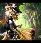  arm_up bad_id bad_pixiv_id black_dress blonde_hair bow broom broom_riding dress forest forest_of_magic gauntlets hand_on_headwear hat kirisame_marisa kuroda_(kuro_yyy) light_rays long_hair mushroom nature one_eye_closed shirt solo sunbeam sunlight touhou witch witch_hat yellow_eyes 