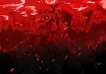  back-to-back blood blood_on_face commentary full_moon glowing glowing_eyes hat highres hong_meiling injury izayoi_sakuya knife kotarou_(rakugaki_shirushi) monochrome monster moon multiple_girls pocket_watch red red_sky sky smirk standing touhou watch wiping_face 