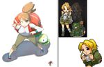  aikawa_rumi artist_request backpack backpacker_(pokemon) bag blonde_hair breasts brown_hair cleavage comparison green_eyes large_breasts metal_slug naso4 npc_trainer petilil pixel_art poke_ball pokeball pokemon ponytail randoseru sprite 