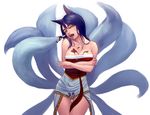  ahri animal_ears bare_shoulders blue_hair breasts chocolate cleavage crossed_arms facial_mark fox_ears fox_tail highres korean_clothes large_breasts lasterk league_of_legends long_hair melting multiple_tails sitting solo tail tongue whisker_markings yellow_eyes 