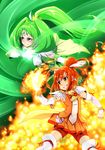  big_hair bike_shorts bow bowtie choker circlet cure_march cure_sunny fire gloves green_eyes green_hair hair_bun hair_ornament hairpin hino_akane_(smile_precure!) long_hair magical_girl midorikawa_nao multiple_girls onijirushi orange_choker orange_eyes orange_hair orange_neckwear orange_skirt precure red_shorts ribbon short_hair shorts shorts_under_skirt skirt smile smile_precure! thighhighs tri_tails white_legwear wind 