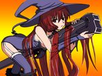  ass boots breasts cannon colorfag colorized drawfag garter_straps gunner's_broom hair_ribbon hat himuro_akari long_hair lying medium_breasts night_wizard on_stomach red_eyes red_hair ribbon sideboob solo straddling strapless thighhighs very_long_hair weapon witch_hat 