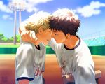  abe_takaya baseball_uniform black_hair brown_hair closed_eyes clothes_writing crutch da_kata face hands mihashi_ren multiple_boys ookiku_furikabutte spoilers sportswear tears 