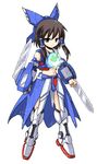  alternate_costume bow brown_hair dual_wielding gundam gundam_00 gundam_exia hair_bow hair_tubes hakurei_reimu holding mecha_musume mochizuki_ado navel solo sword touhou weapon yin_yang 