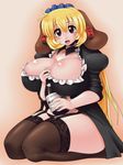  1girl alcohol black_legwear black_panties black_thighhighs blonde blonde_hair bottle breasts brown_eyes cleavage curvy female garter_belt highres higuma huge_breasts legs legwear long_hair looking_at_viewer maid no_pants no_skirt open_clothes open_mouth panties plump simple_background sitting solo stockings thick_thighs thighhighs thighs underwear wine 