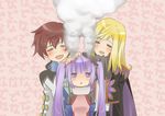 2boys aipheion asbel_lhant blonde_hair blush closed_eyes coat cravat long_hair multiple_boys no_nose petting pink_background purple_eyes purple_hair red_hair richard_(tales) smile sophie_(tales) steam tales_of_(series) tales_of_graces twintails 