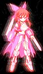  afterimage alternate_costume black_background bow dual_wielding gundam gundam_00 gundam_exia hair_bow hair_tubes hakurei_reimu holding mecha_musume mochizuki_ado navel red_eyes red_hair simple_background solo sword touhou trans-am weapon yin_yang 