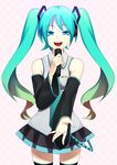  aqua_eyes bangs bare_shoulders colored_eyelashes detached_sleeves gradient_hair hama_(22ji_kara_24ji) hatsune_miku highres long_hair microphone miniskirt multicolored_hair open_mouth outstretched_hand skirt solo twintails vocaloid 