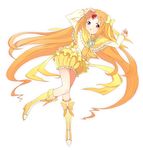  arms_up boots bow brooch bubble_skirt choker circlet cure_muse_(yellow) frills full_body heart jewelry knee_boots long_hair lying magical_girl maro_nie orange_hair precure red_eyes shirabe_ako skirt solo suite_precure white_background yellow_bow yellow_choker yellow_skirt 