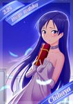  bare_shoulders birthday blue_hair blush brown_eyes dress elbow_gloves feathers gloves idolmaster idolmaster_(classic) kisaragi_chihaya long_hair murakumo1987 smile solo 