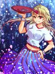  alcohol amagumo blonde_hair bowl breasts chain cuffs cup grin hand_on_hip horn hoshiguma_yuugi long_hair medium_breasts midriff navel pointy_ears red_eyes sakazuki sake skirt smile solo touhou 