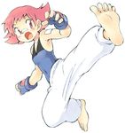  armpits bandages bandaid barefoot feet fingerless_gloves full_body gloves kicking open_mouth oyatsu_(mk2) pants pink_eyes pink_hair pokemon pokemon_(game) pokemon_dppt short_hair simple_background soles solo sumomo_(pokemon) toes 