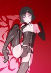  black_hair blush boots bulge choker corset elbow_gloves erection fetishist gloves hair_ornament hairclip high_heels highres male_focus nipples otoko_no_ko panties shoes short_hair skull solo steins;gate thigh_boots thighhighs underwear urushibara_ruka 