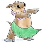  dancing eyes_closed flower grass_skirt happy hippo hula lei male navel necklace plain_background skirt solo topless white_background 